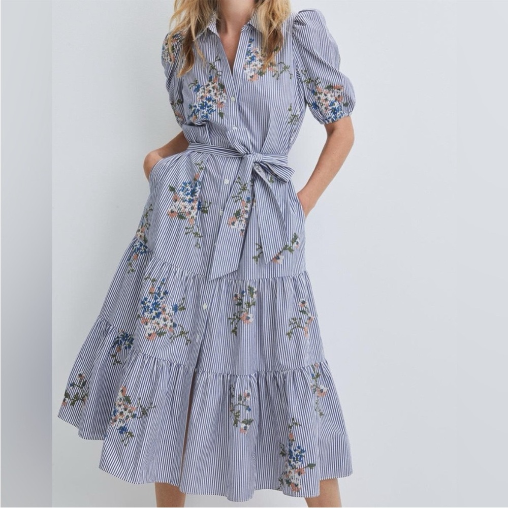 Veronica Beard Eunice Dress - Blue Pinstripe with Floral Embroidery Midi Dress